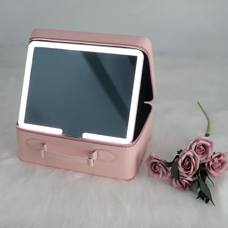 Portable Mirrored Jewelry Box Custom LOGO PU Material Makeup Box With LED Light Mirror