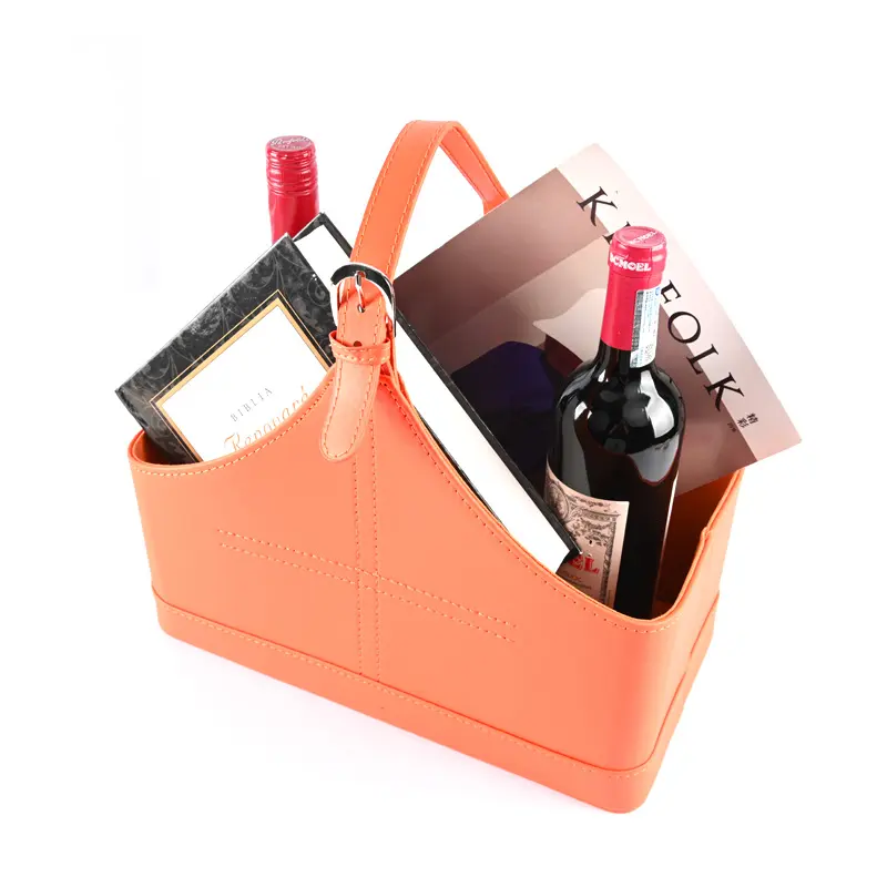 Custom PU Leather Gift Basket Indoor Outdoor Fruit Wine Champagne Whisky Sweet Storage Basket