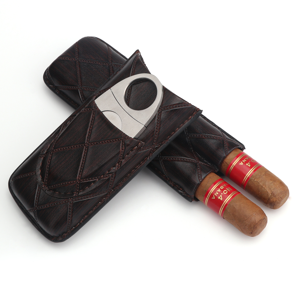 Xifei Handmade 2 Finger Black Travel Humidor Leather Cigar Case and Cigar Cutter