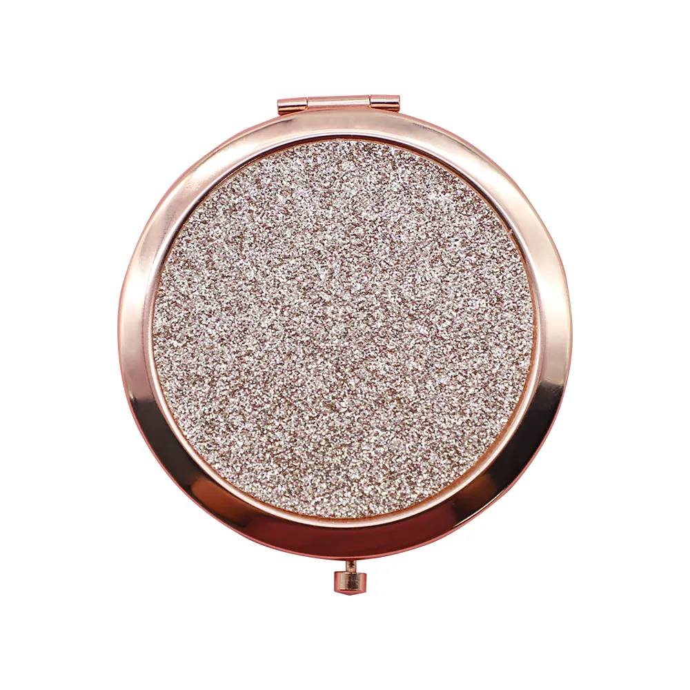 Promotional Gift Rose Gold Plating Round Shape Metal Glitter Folding Makeup Pocket Portable Mirror