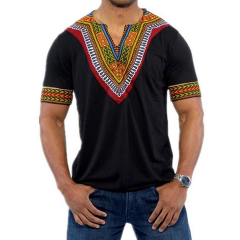 Fasion Wear Casual Short Sleeves V-neck T-shirt Ethnic Style African Wax Print Fabric Mens Top Designers Clothing Low Price