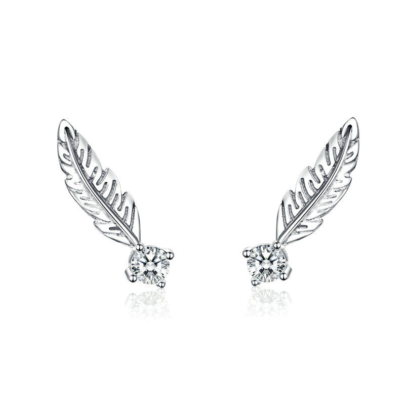 Fashion original 925 sterling silver stud earrings white feather vintage trendy jewelry in stock wholesale