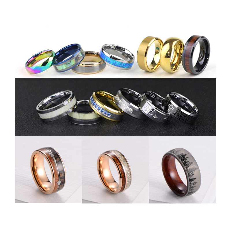 China Wholesale Wood Inlay Blank Brushed Rose Gold Blue Black Gold Plated Wedding Band Tungsten Carbide Mens Rings