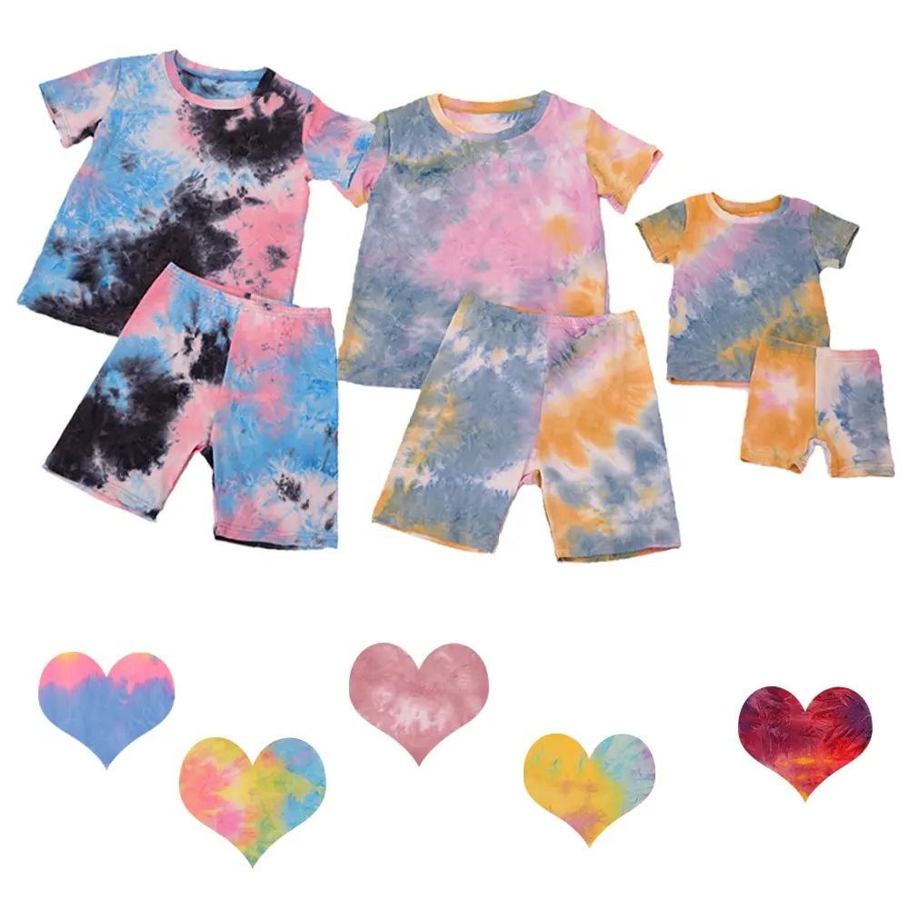 Summer 2020 Parent-child Outfits Tie Dyed Crop Top Set Boutique Shorts Set Short Sleeves for Mommy and Me 2 Pieces Tracksuits