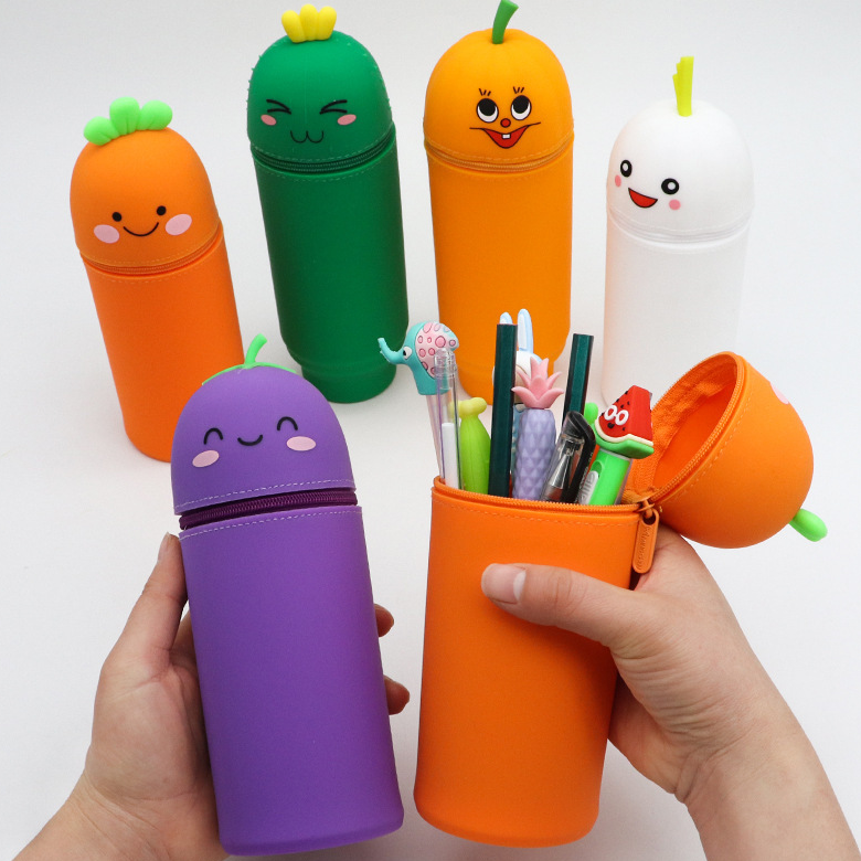 Silicone Stand Up Pen Pouch With Cute Animal Face For School Pencil Case Pouch Bag