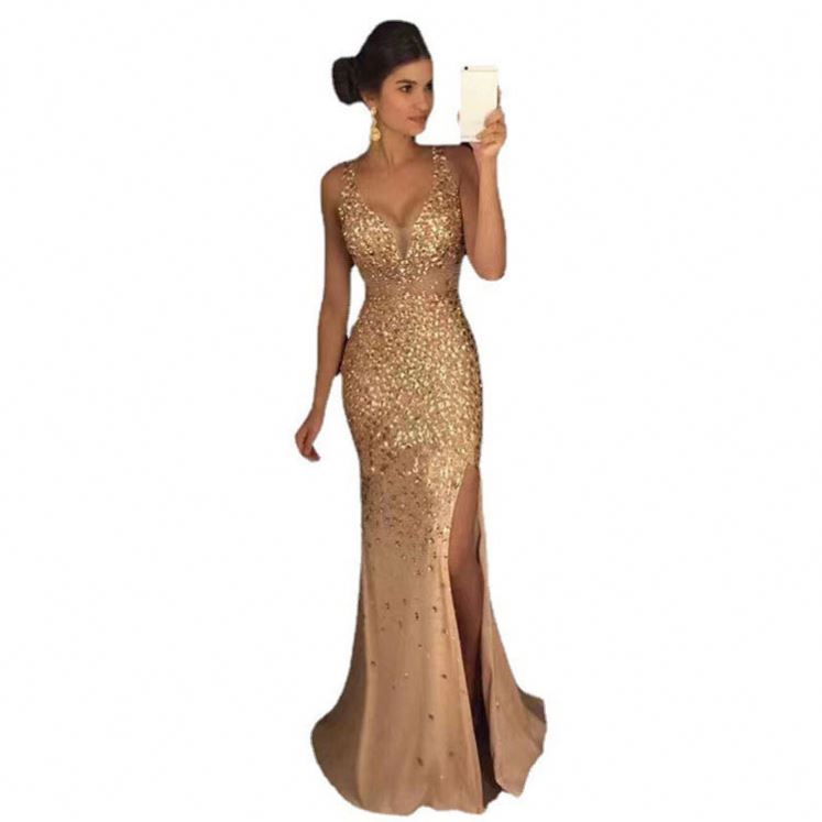 2022 Women's Plus Size Long Evening Slit Sleeveless Dress Prom Dresses Party Maxi Sequin Evening Dress