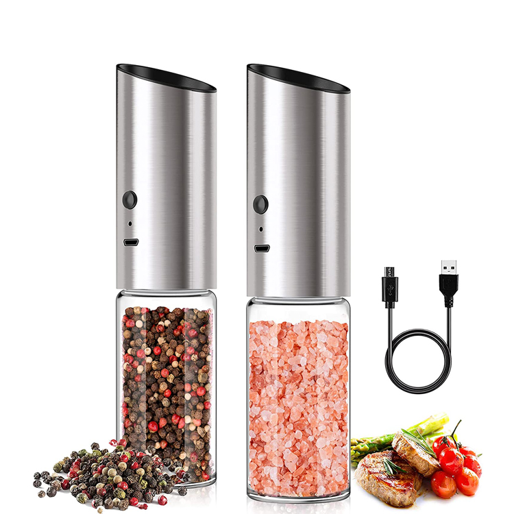 Amazon Hot Sale USB Rechargeable Gravity Electric Pepper And Salt Grinder Stainless Steel Body Glass Pepper mill