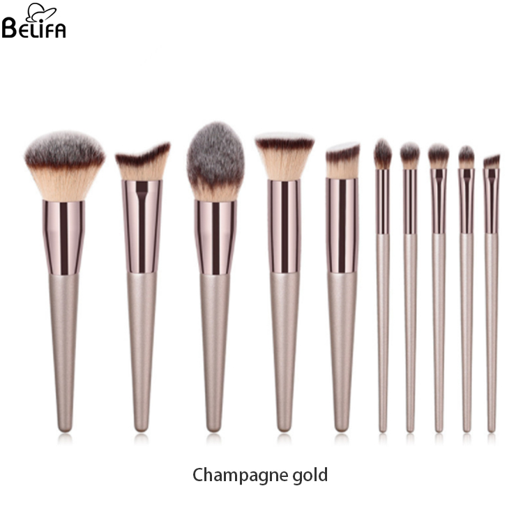 Belifa high quality custom logo vegan synthetic hair champagne wood handle 10 piece pcs professional beauty makeup brush set