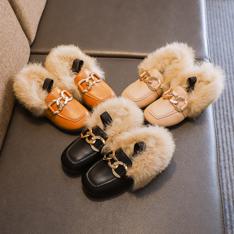 2021 Autumn and winter leather flat sandals children girls fur slides sexy furry kids shoes