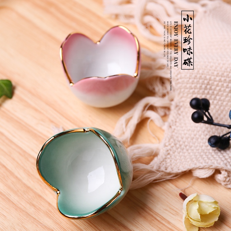 Japanese Style Creative Design Flower Shape with Golden Line 2.25" Pink / Green / Blue Ceramic Seasoning Dishes Plate