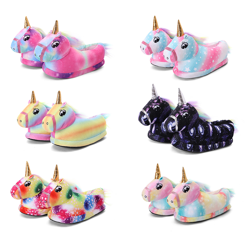 MMX83 Kids Winter Warm Cute Plush Toy Slippers House Shoes Colorful Unicorn Slippers