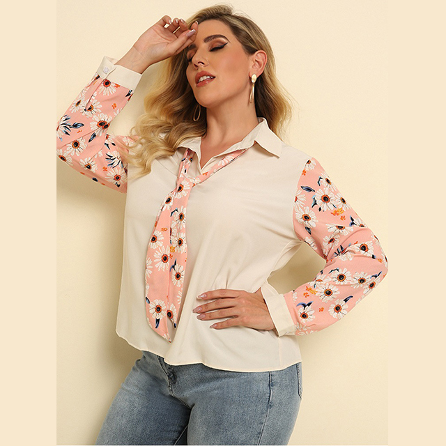 MENGMUGE Women's 2021 New Arrivals Clothes Turn-down Collar Plussize Women Solid Patchwork Floral Blouse Women Long Sleeve