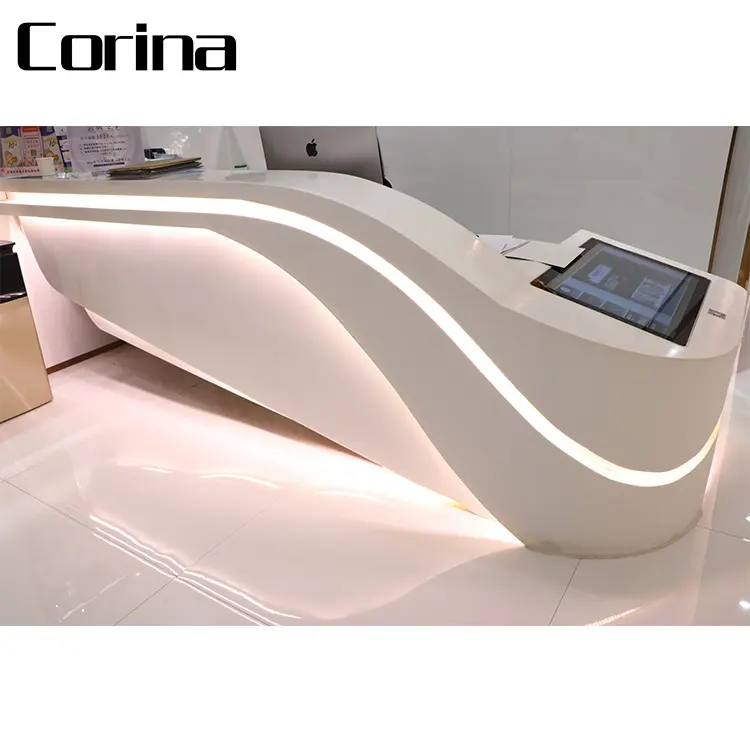 custom white glossy acrylic Solid surface front led light reception desk