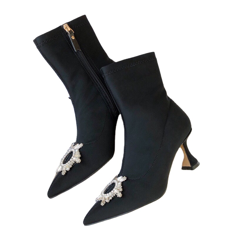 Fashion Knitted Stretch Fabric Sewing Women Thin desinger pumps High Heels Square Heels Winter Pointed Toe Ladies Sock Boots