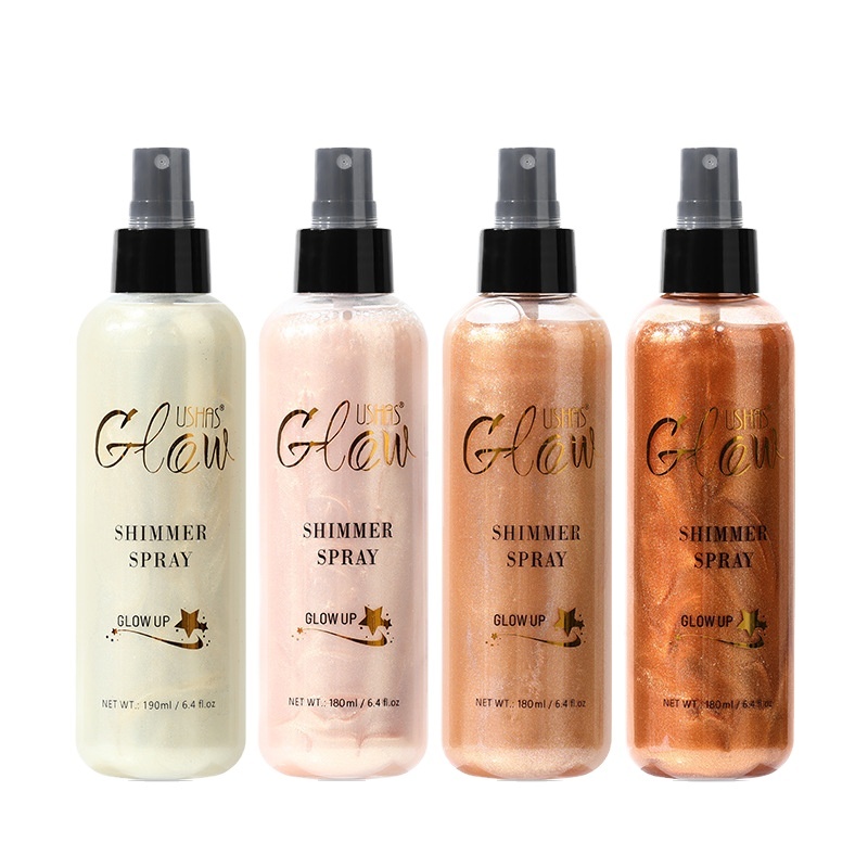 USHAS Body Glitter Mist Spray 4 Color Bronzer Golden Body Glitter Highlighter Liquid Body Shimmer Spray 180ml
