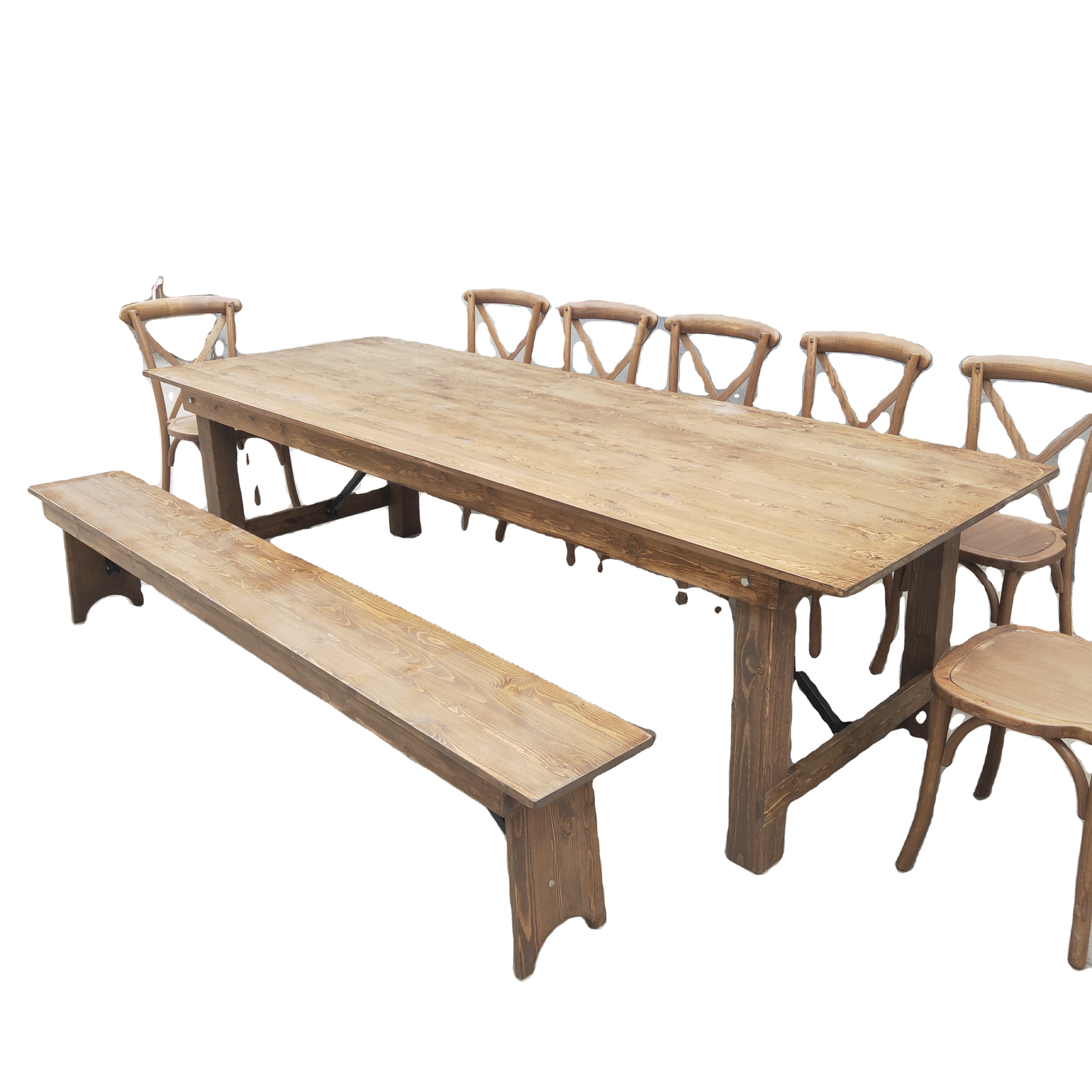 Solid wood rectangular farm dinning table with benches for wedding party