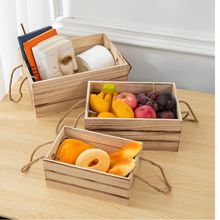 3-piece set of natural antique multifunctional fruit decorated wooden crate with rope handle