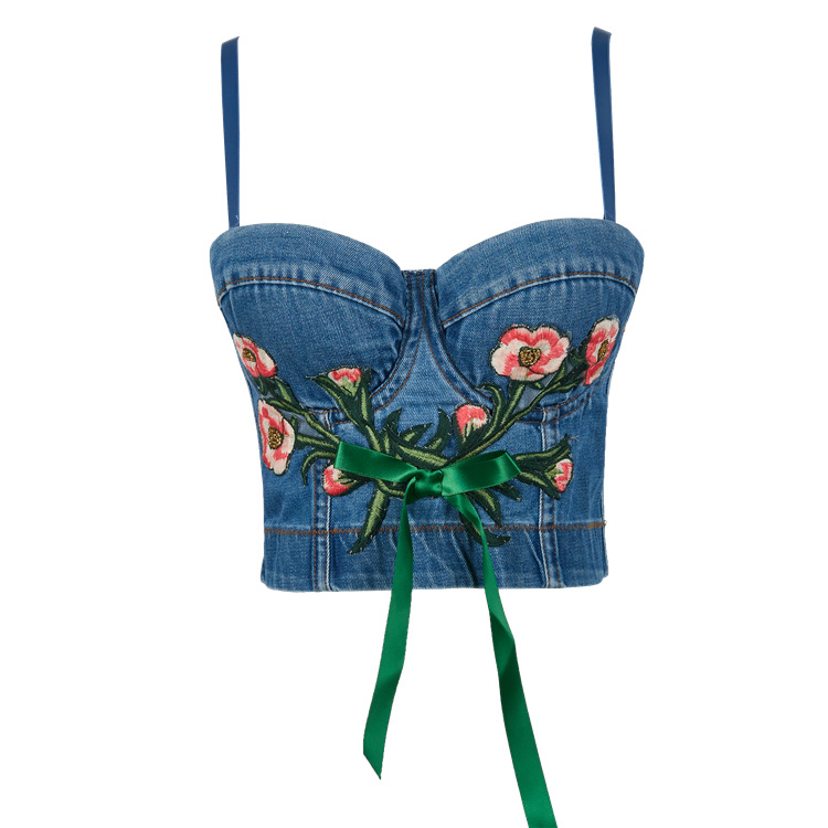 T888 Chic Handmade Embroidery Bow Push Up Corsets Bustiers Sexy Women's Wholesale Bulk Graphic Denim Bustier Crop Tops