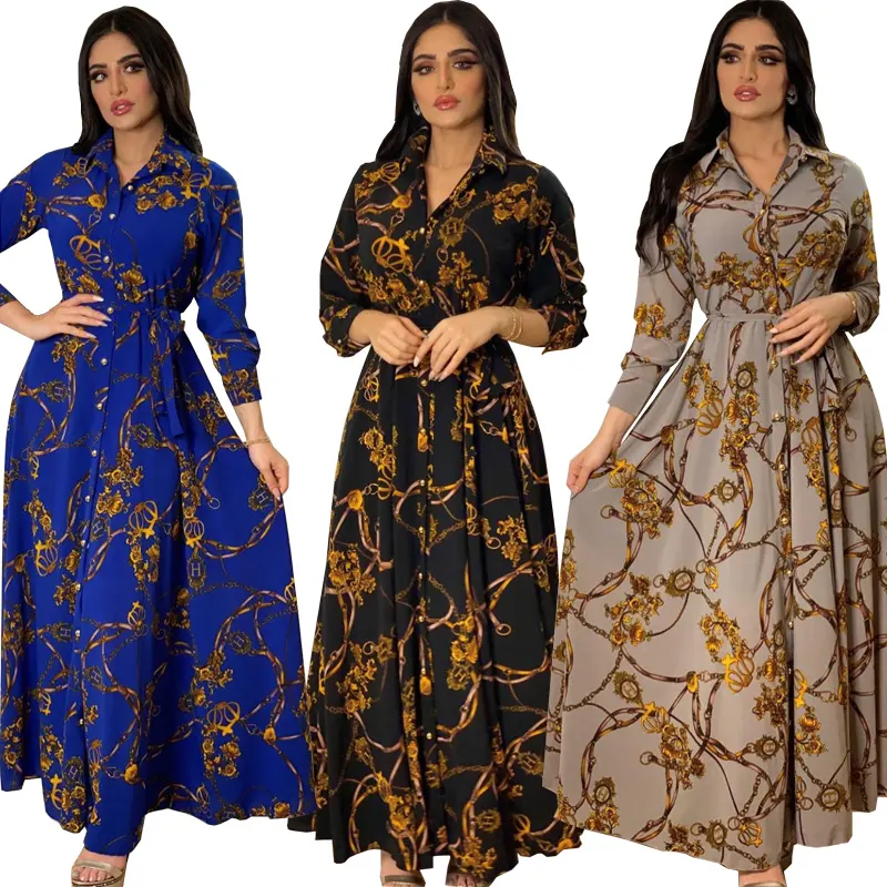 MQ014 Latest Design Middle East Muslim Dress Indonesia Vintage Print Large Swing Skirt Shirt Dress Elegant Casual Dresses