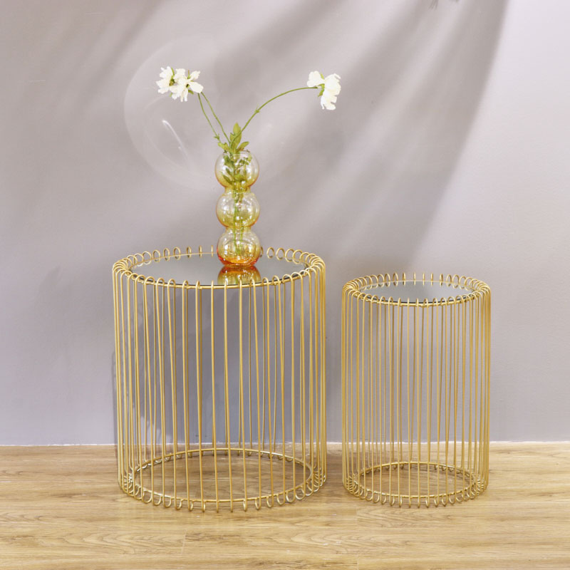 Manufacture Various Set Of 2 Gold Wire Side Mirror Round Tables Luxury Bed Side Tables Glasses Side Table