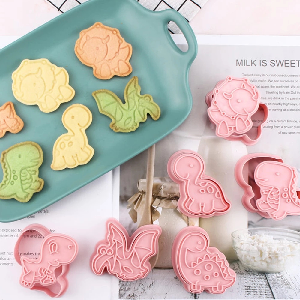 Kitchen Baking Pastry Bakeware 3D Cartoon Pressable Biscuit Mold 6Pcs/set Dinosaur Shape Plastic Cookie Cutters