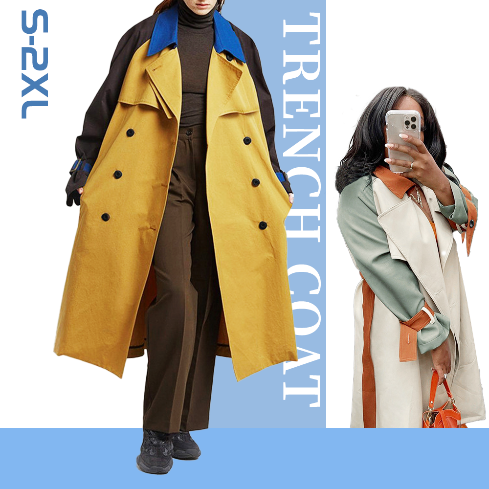 M10057 Fashion streetwear patchwork coats winter and autumn elegant long trench coat