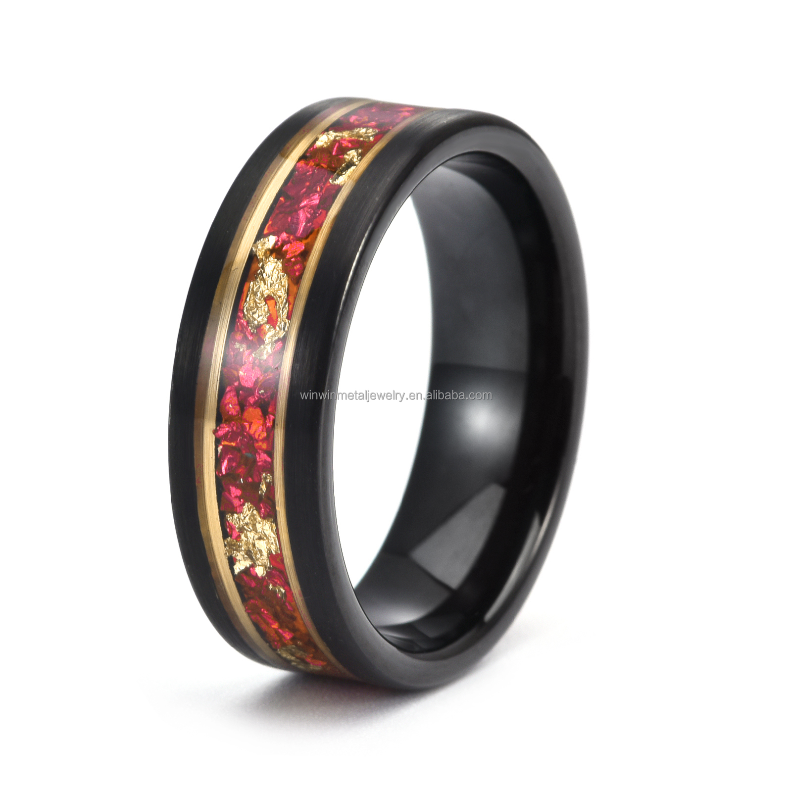 8mm Black Gold Ruby Wedding Band Gold Foil Flake Inlay Tungsten Carbide Ring Gift For Men Women