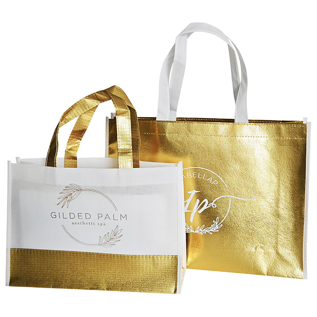 Custom Logo Printed Quilted Non-Woven Reusable Gift Tote Gold Metallic Laminated Non Woven Shopping Bags