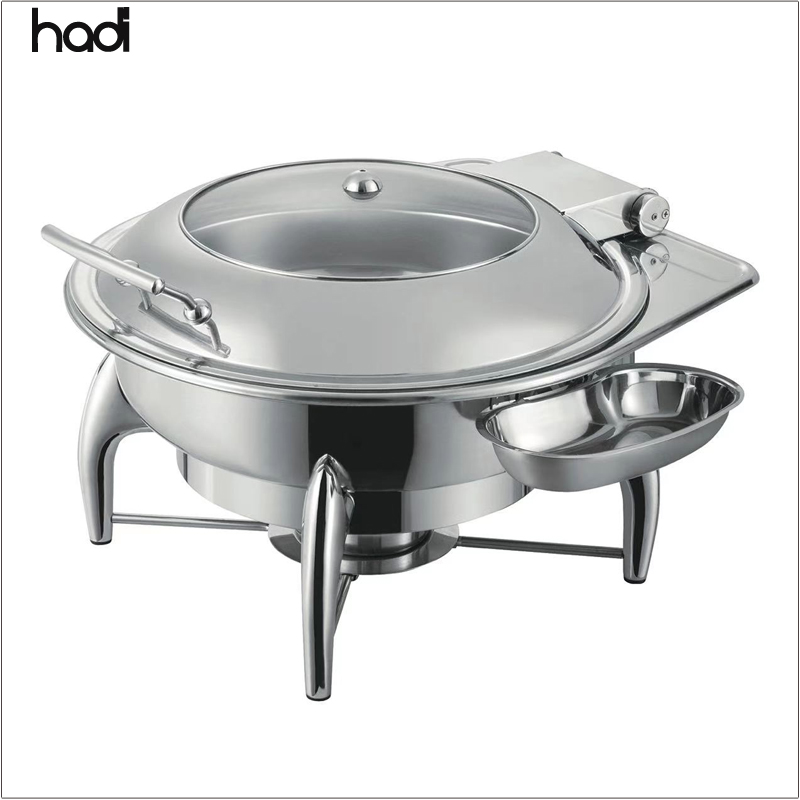 Catering supplies wholesale chafer dish buffet round hydraulic stainless steel flat top chafing dish food warmer hotel