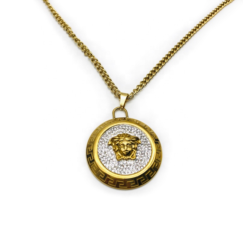 Cuban Luxury Gold Plated Jewelry Stainless Steel Customized Head Circle Pendant Diamond Chain Necklace
