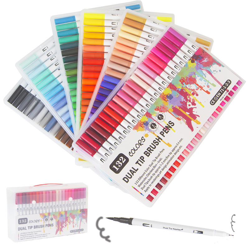 12/24/36/48/60/72/100/120/132 Colors Black White Shell Double Tip Brush 0.4mm Tip Private Label Watercolor Stationery Art Marker