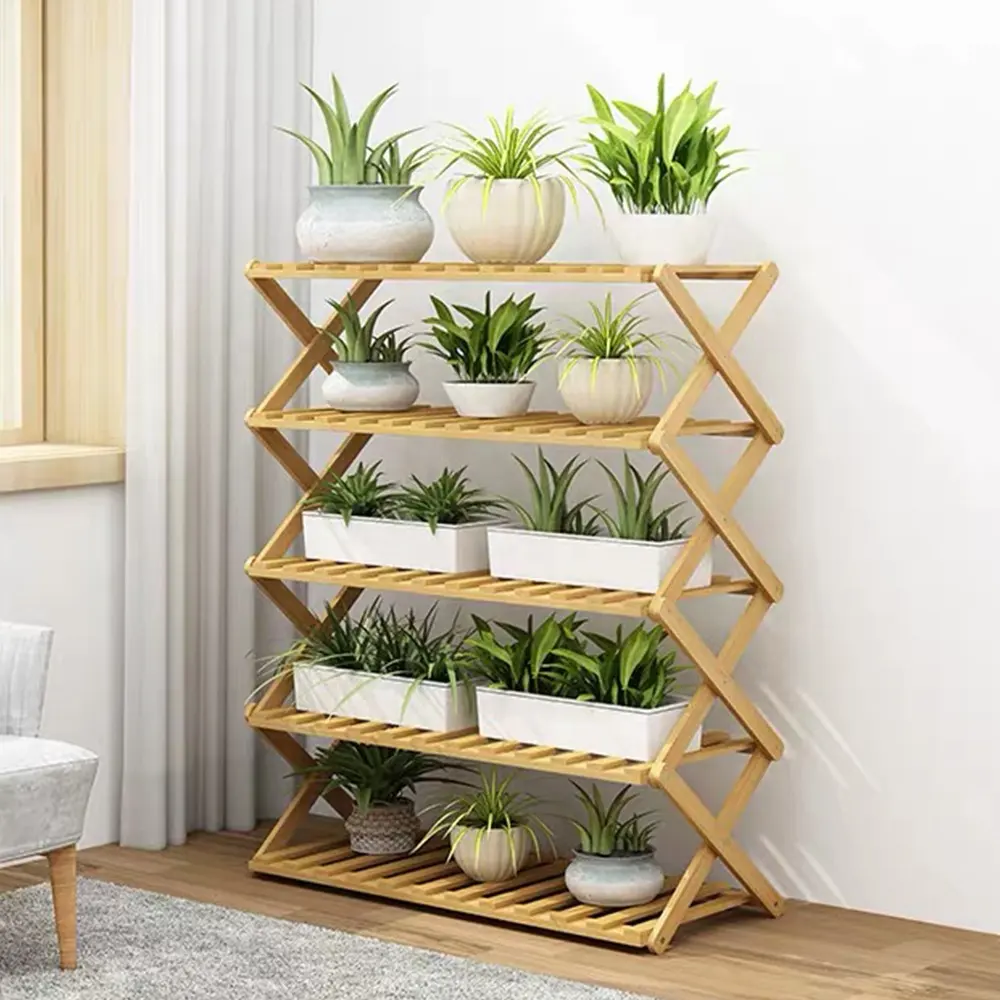 Garden Window Bedroom Muli-Tier Easy Folding Bamboo Shelf Shoe Rack