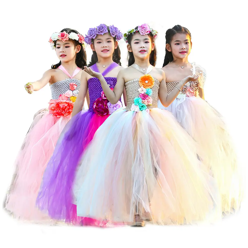 Простая сказочная детская одежда кружевное длинное Сетчатое ТРАПЕЦИЕВИДНОЕ свадебное платье без бретелек с цветами для девочек