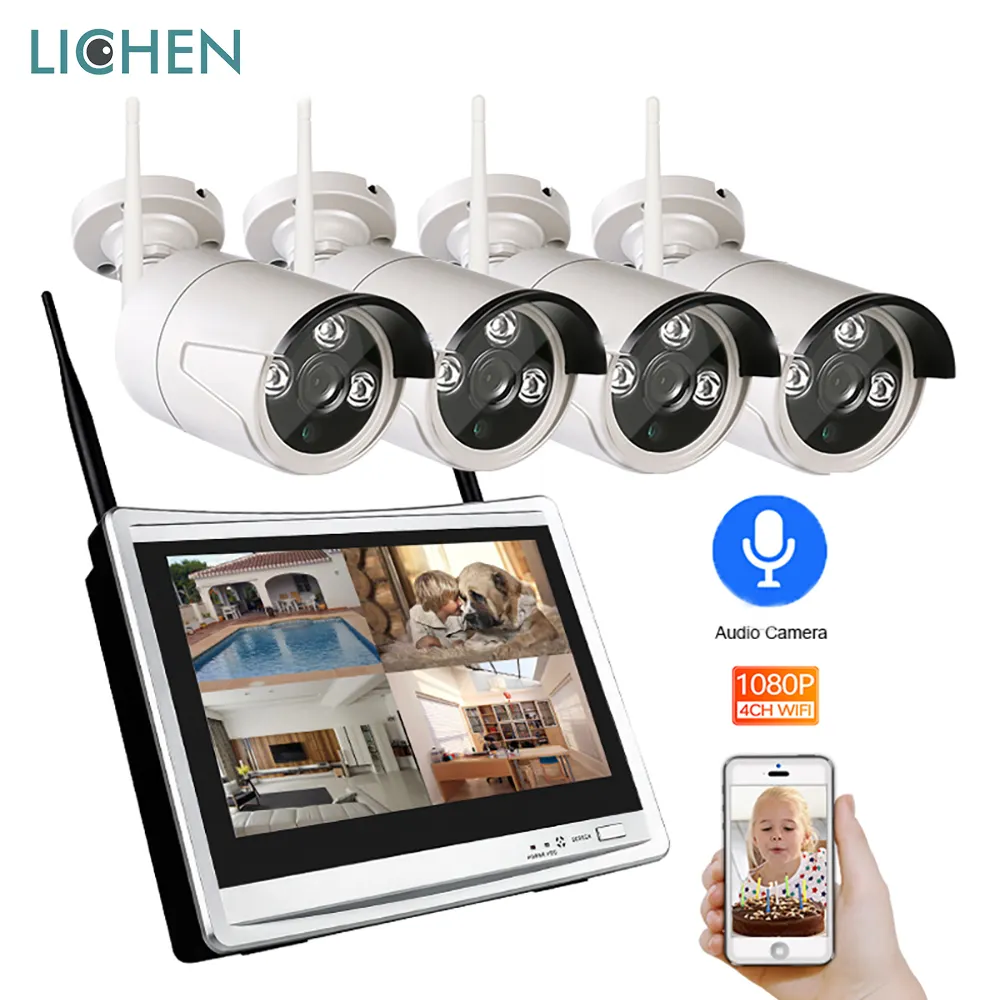 LICHEN 4CH Wireless 1080P NVR Kit 12" LCD Monitor Security CCTV Camera System