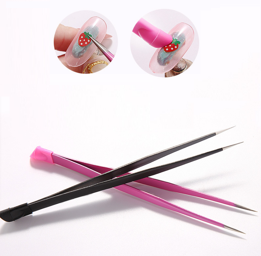 2 heads Straight Nail Tweezers with Silicone Pressing Head for 3D Sticker Rhinestones Water Sticker Picker Metal Nails Tools