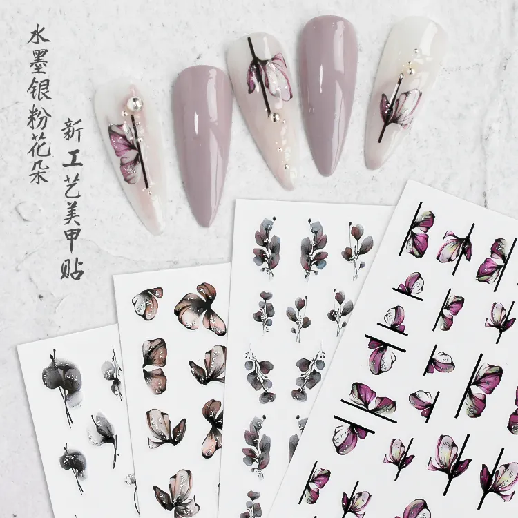 Valentines Day Pink Ink Butterfly Flower Stickers For Nail Water Transfer Stickers For Nail Art Decoration