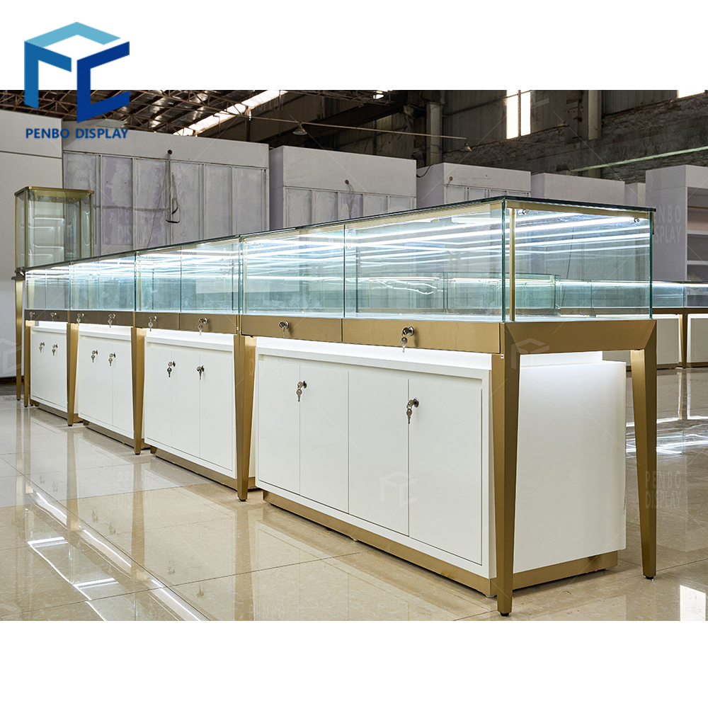 Luxury Gold Jewellery Store Showcase Customized Glass Gold Jewellery Store Fixture The Jewellery Display Showcase With Led Light
