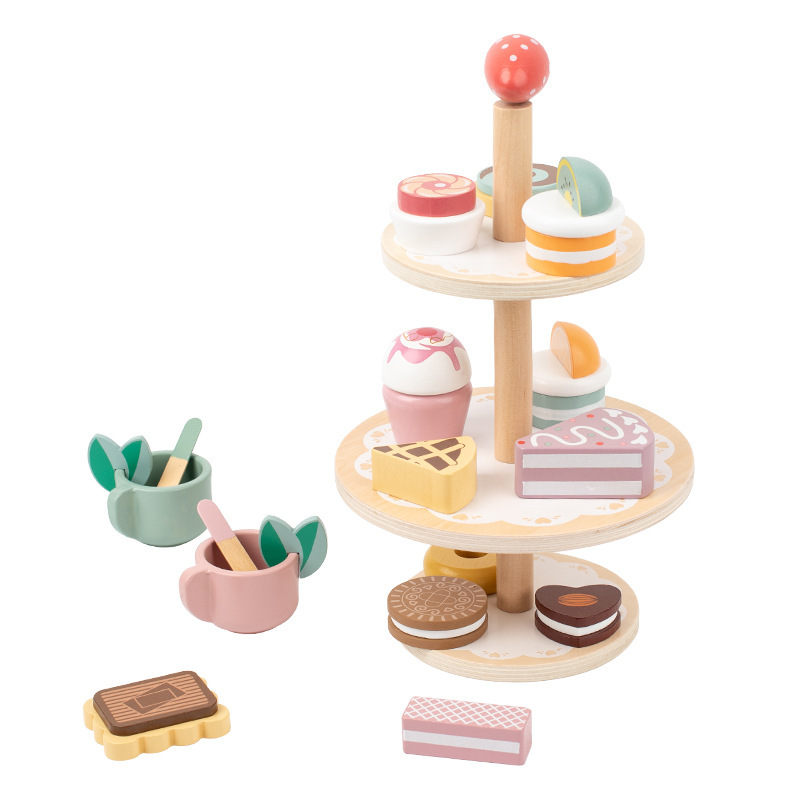 Tea Party Dessert Stand Play Set Wooden Toys Pretend Play Food Kitchen Accessories for Toddler Tea Set Birthday Gifts