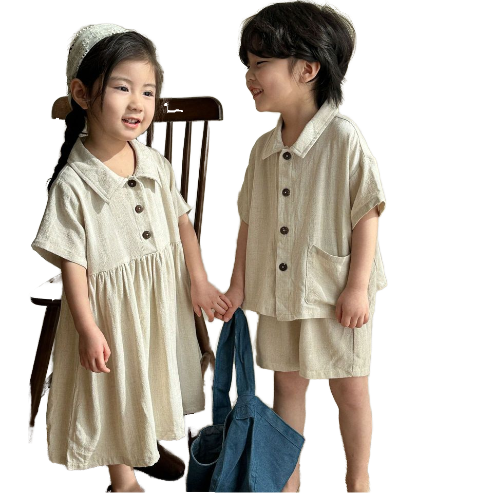 2025 Summer Baby Boys and Girls Clothing Sets Linen Short Sleeves New Styles Baby Girls Dresses for Siblings Two Piece Suits