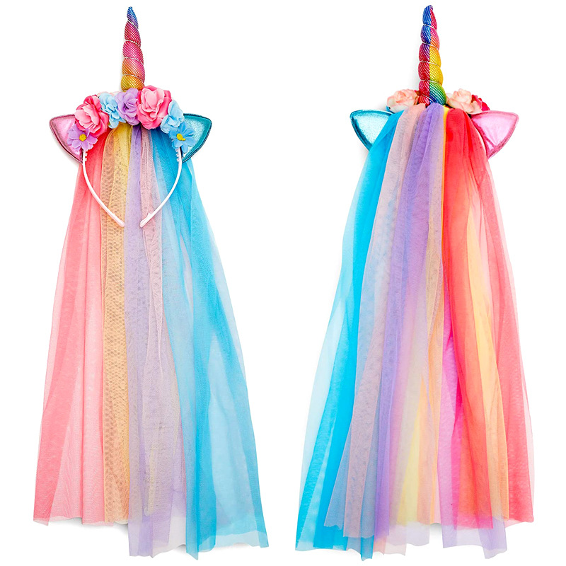 RUI YI Unicorn mesh headband Rainbow princess headband Children flower hair ornament Holiday party performance props decorations