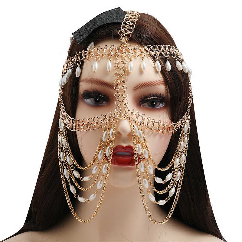 Belly Dance Headdress Mask Chain For Women Simulated Pearl Trendy Face Chain Jewelry For Nightclub Party Accessories