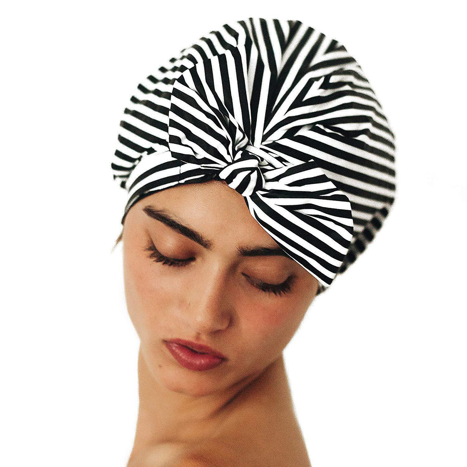 2022 factory logo custom hot popular fashion women stripe print quick dry shampoo shower cap bonnet with bow