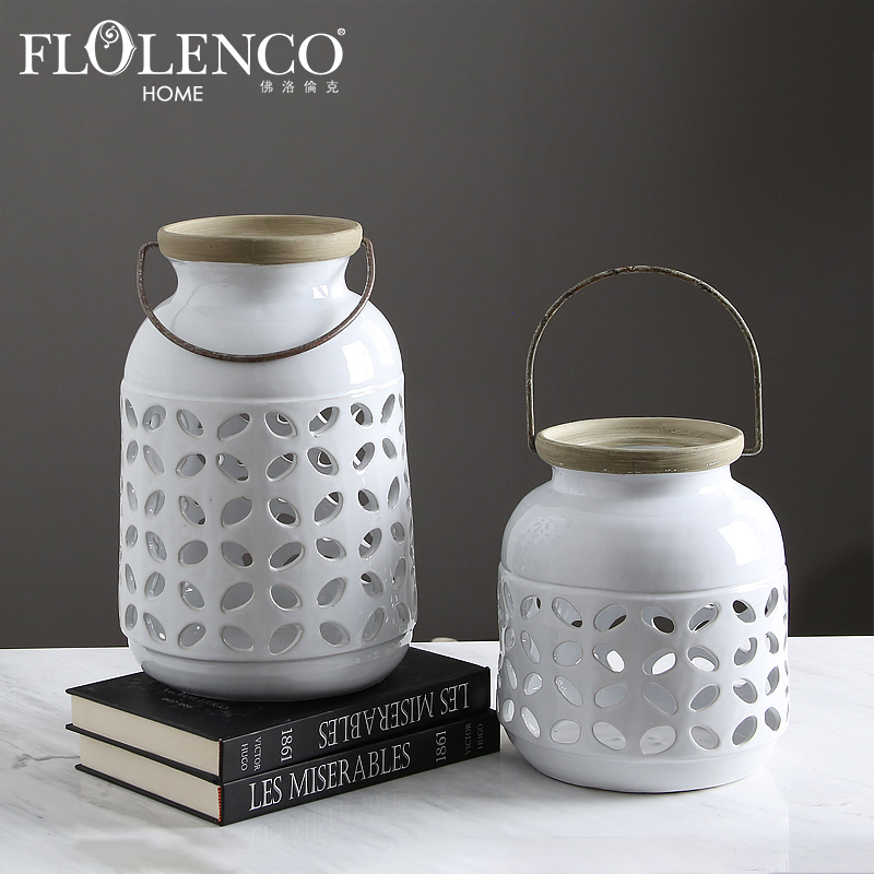 White Hollow Wind Lantern Safe Candlestick Garden Decorative Outdoor Hanging Ceramic Candle Holders