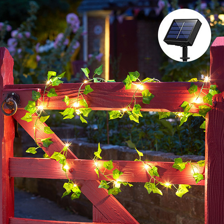 Solar Powered 20/50/100LEDs Green Leaves Hanging Vine Plants Outdoor String Lights for Wedding Party Garden Wall Decor