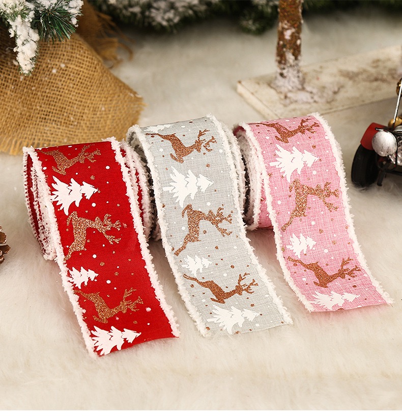 Christmas Printed DIY Fabric Swirl Ribbon Elk Print With Wired Edge Gift Wrapping Christmas Tree Decoration Ribbon Wreath Bows