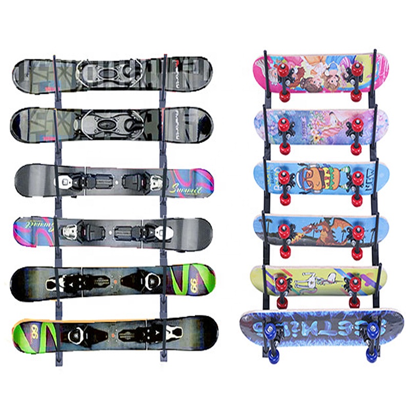 High Quality Store Garage 6 Layer Wall Mounted Ski Skate Board Snowboard Display Stand Hanger Metal Storage Rack Holder