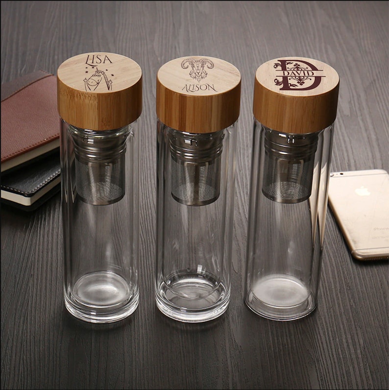 Personalized Logo Double Wall Glass Water Bottle Tea Infuser Camping Glass Water Bottle with Bamboo Lid Glass Cup CLASSIC Unisex