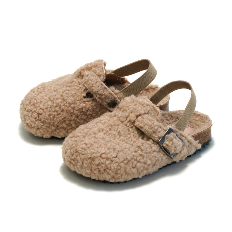 Winter Warm Retro Children Kids Plush Suede Fleece Elastic Clogs Sliders Slippers Shoes Toddler Baby Boys Girls Sherpa Slippers