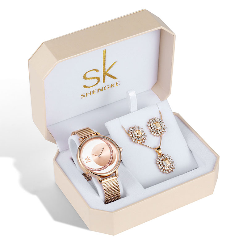 SHENGKE SK роскошный ювелирный комплект часов ювелирные изделия Коробка Подарочный набор браслет наручные часы ожерелье серьги набор часов 95001