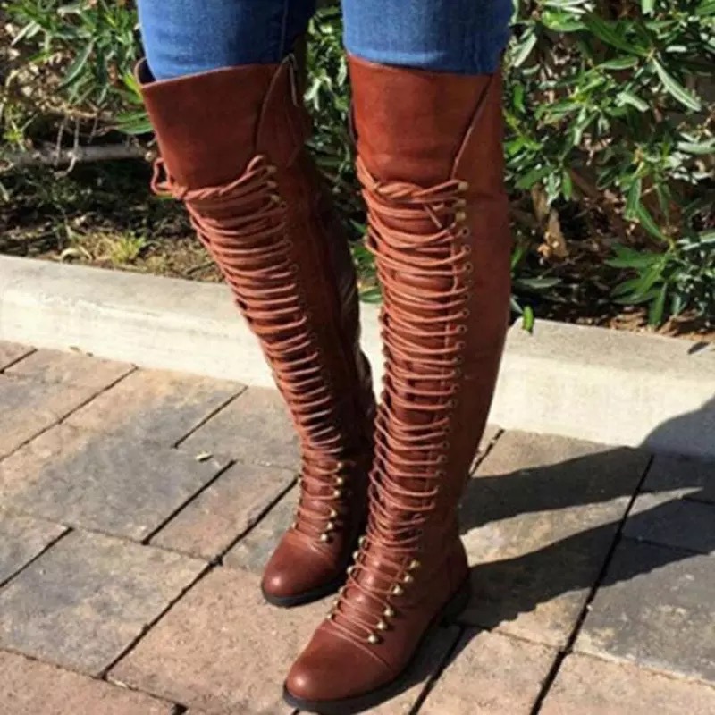2020 autumn and winter new boots solid color over the knee solid color lace-up boots